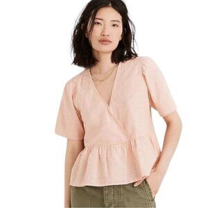 Madewell Coral Peach Print Cotton Short Sleeve Peplum Top